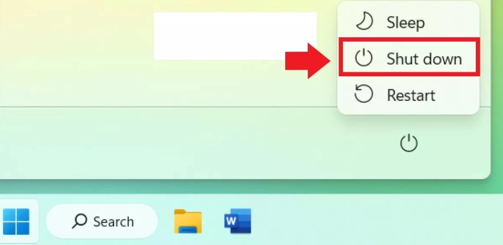 Menu Start với tùy chọn "Shut down"